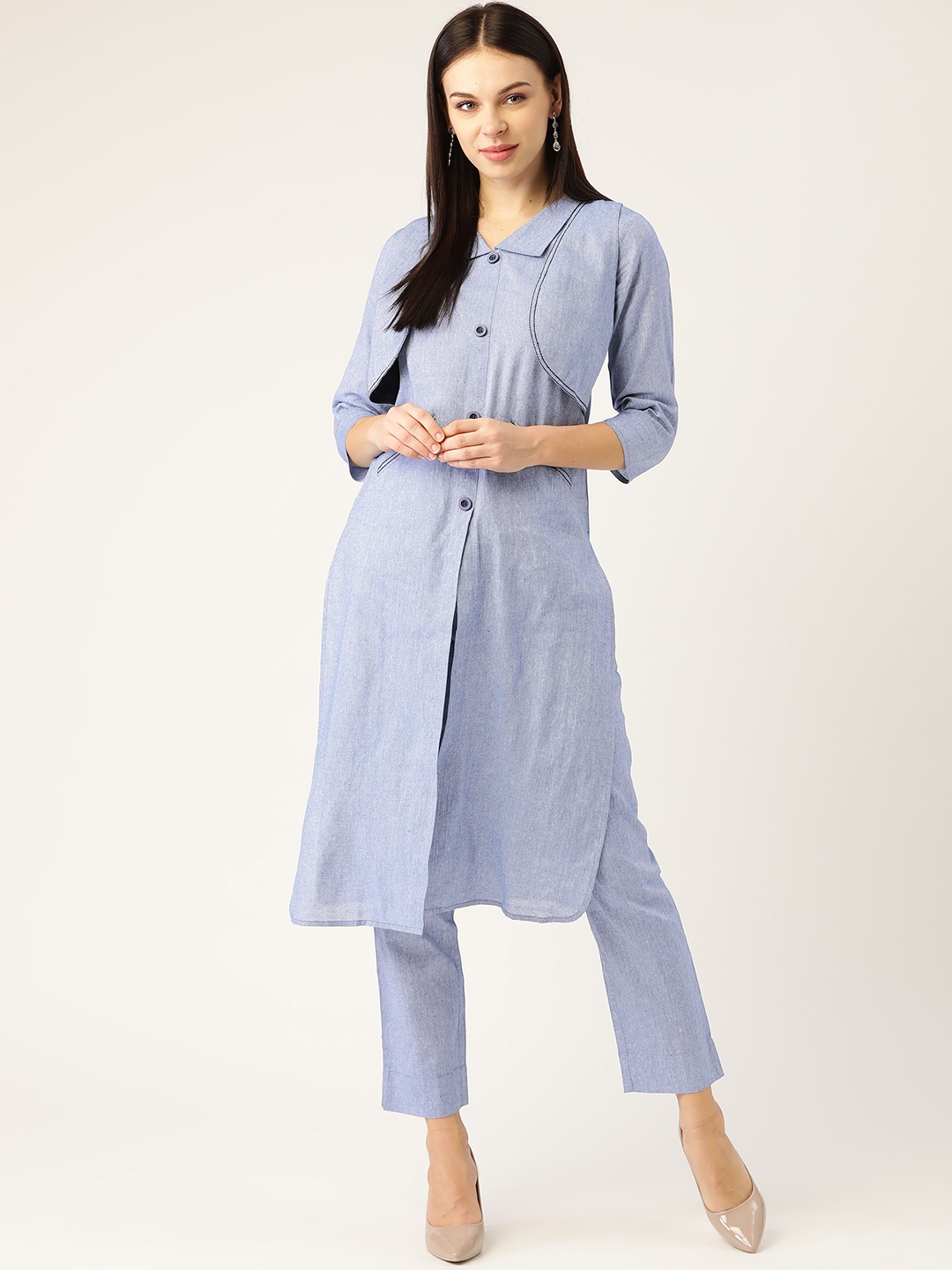 

Cottinfab Women Blue Solid Kurta with Trousers