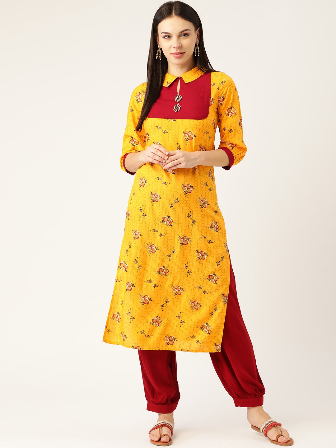 

Cottinfab Women Yellow & Maroon Printed Kurta with Salwar