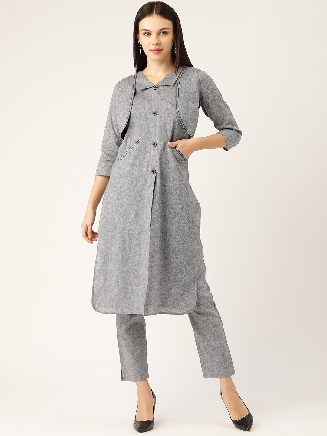 

Cottinfab Women Grey Solid Pure Cotton Kurta & Trousers with Attached Jacket