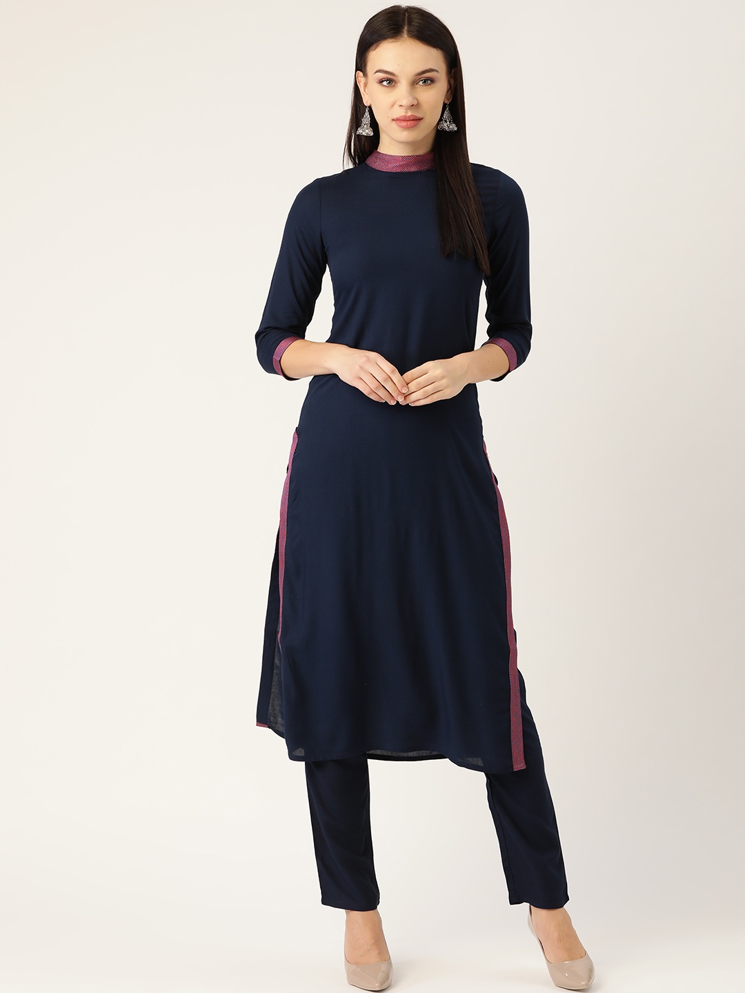 

Cottinfab Women Navy Blue Solid Kurta with Trousers with Thread Work Detail