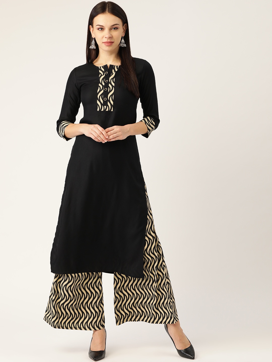 

Cottinfab Women Black & Beige Solid Kurta with Printed Palazzos