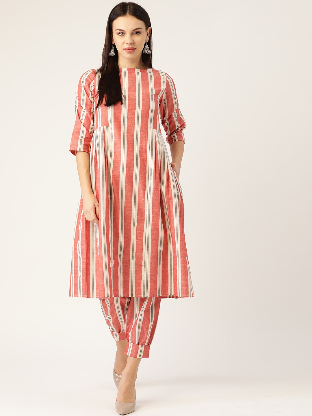 

Cottinfab Women Coral Pink & Off-White Striped Kurta with Trousers