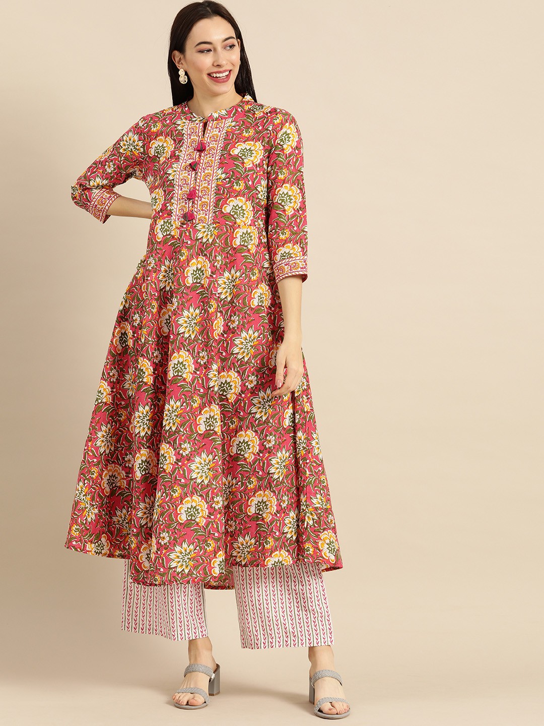 

Varanga Women Pink & Mustard Printed Kurta with Palazzos