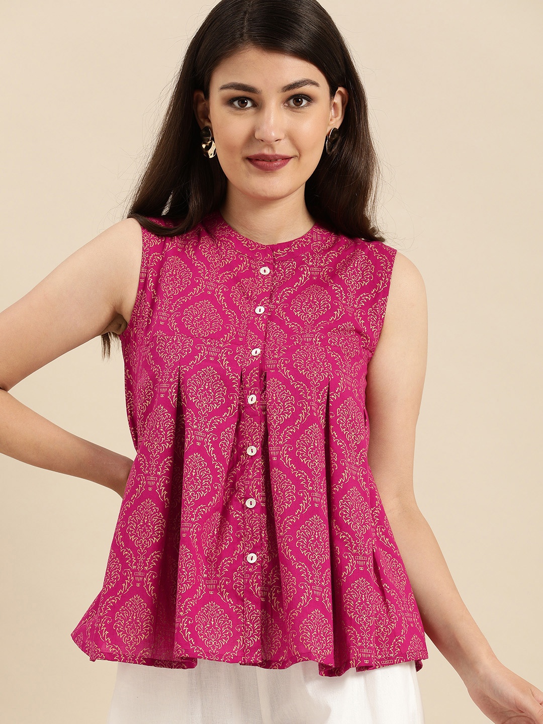 

Varanga Women's Magenta Pink & Gold-Toned Printed Tunic