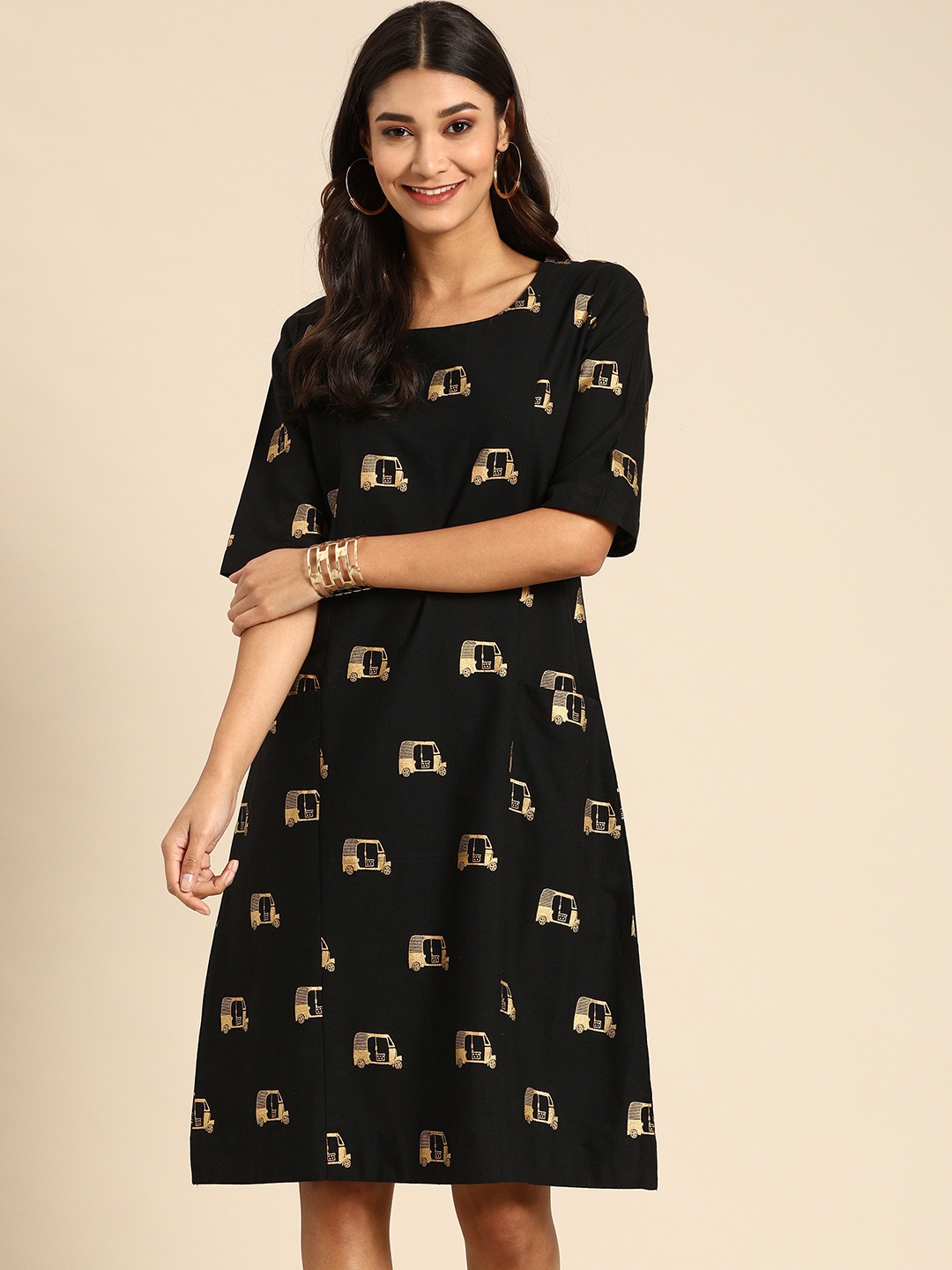 

Varanga Women Black & Beige Printed A-Line Panelled Dress with Pockets