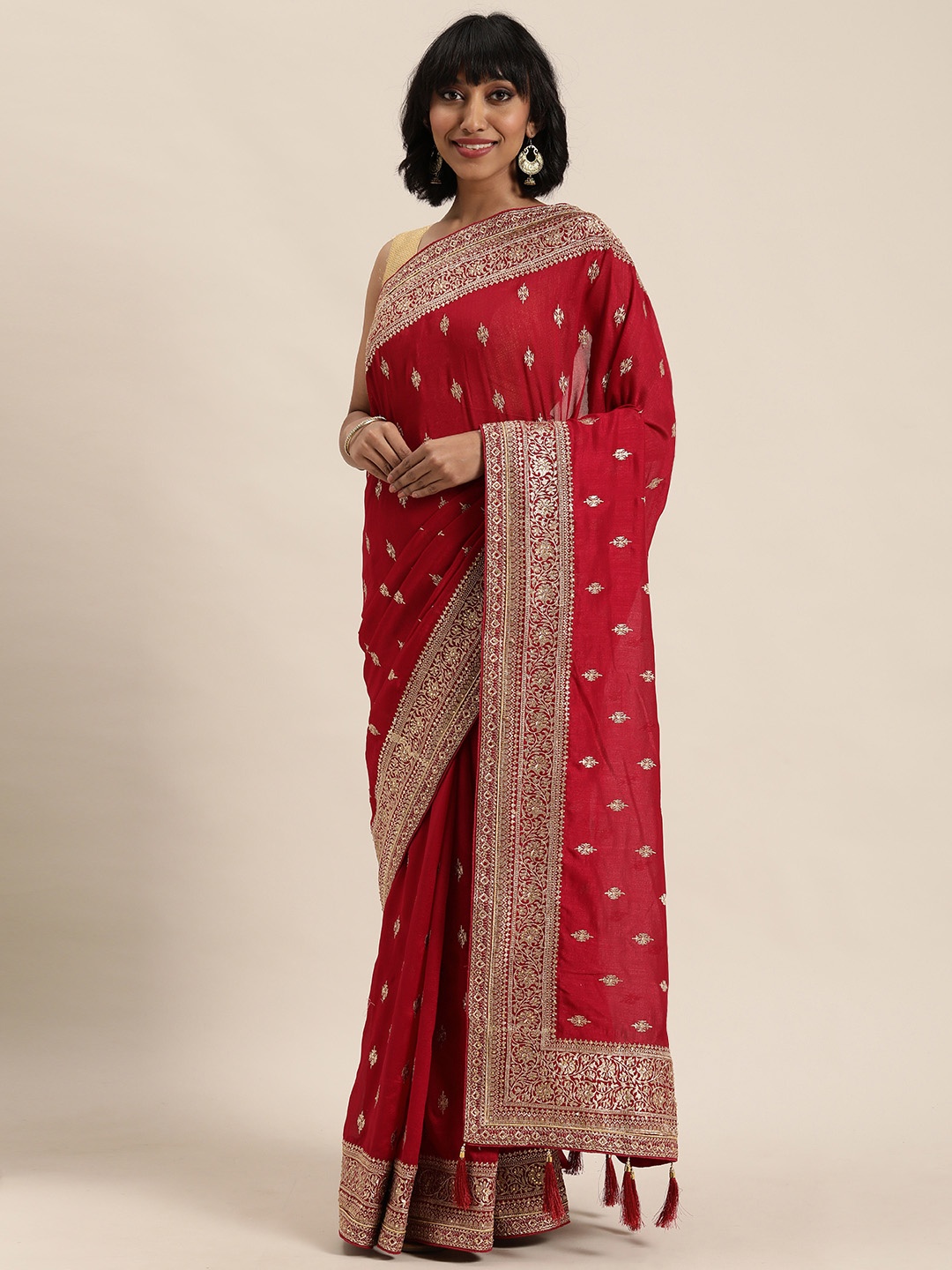 

MOHEY Red & Gold-Toned Machine Zari Graceful Embroidered PartySaree