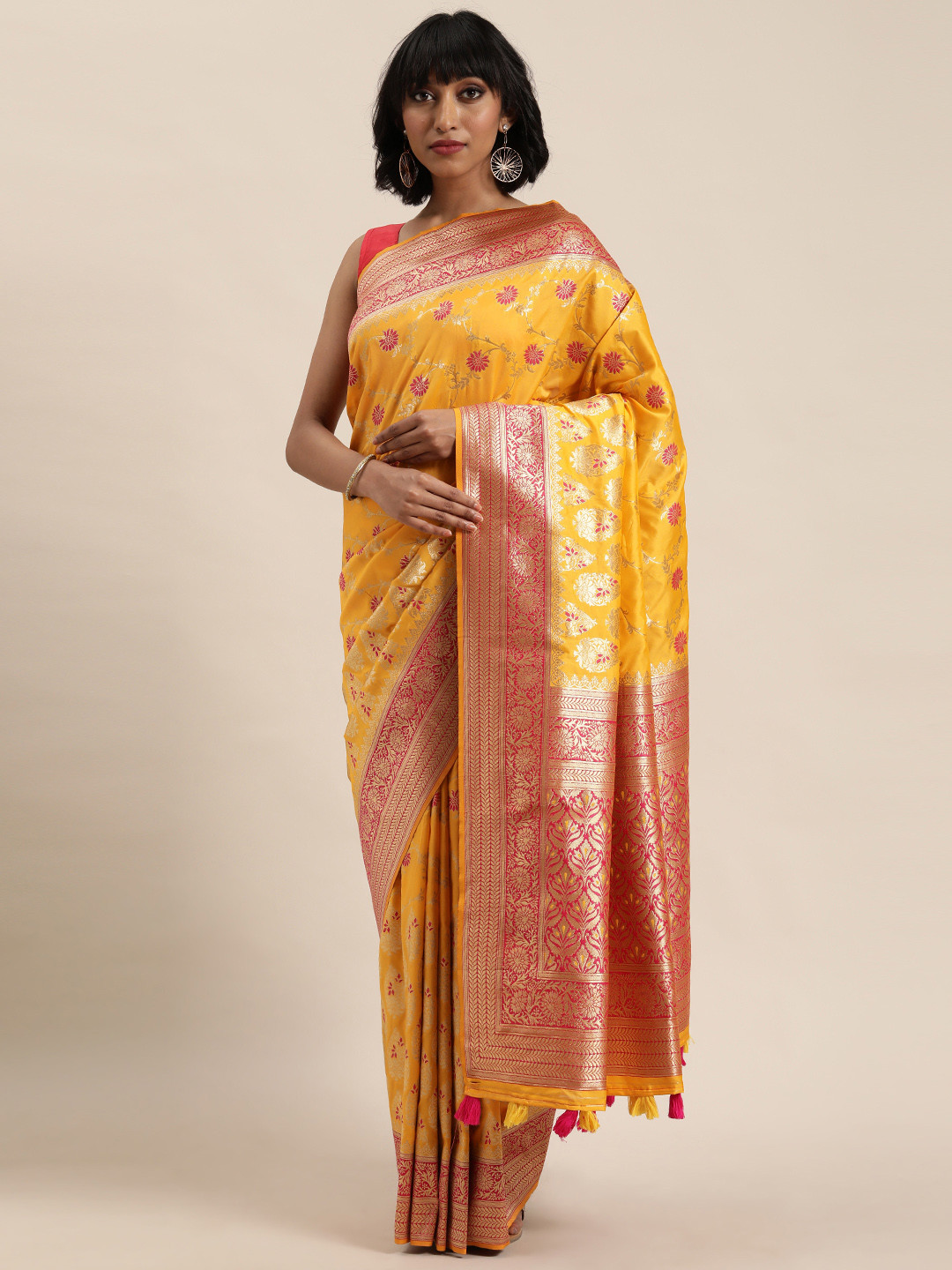 

MOHEY Yellow & Pink Silk Blend Woven Design Saree