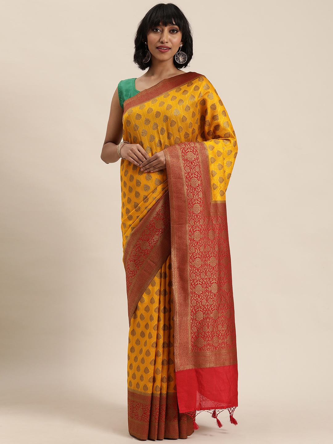 

MOHEY Yellow & Gold-Toned Woven Design Saree