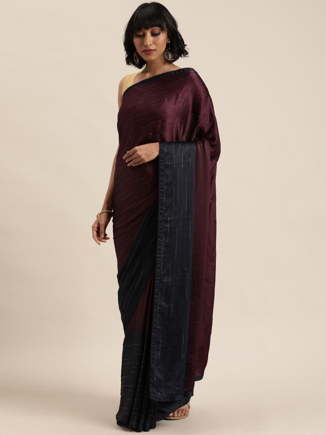 

MOHEY Maroon & Navy Blue Embellished Saree