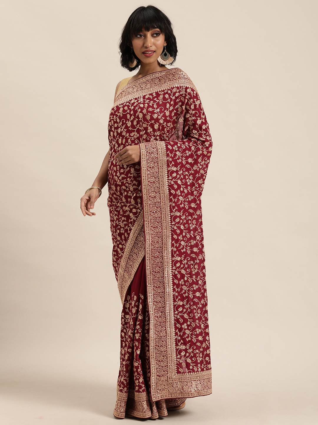 

MOHEY Purple Floral Embroidered Celebrity Saree, Maroon