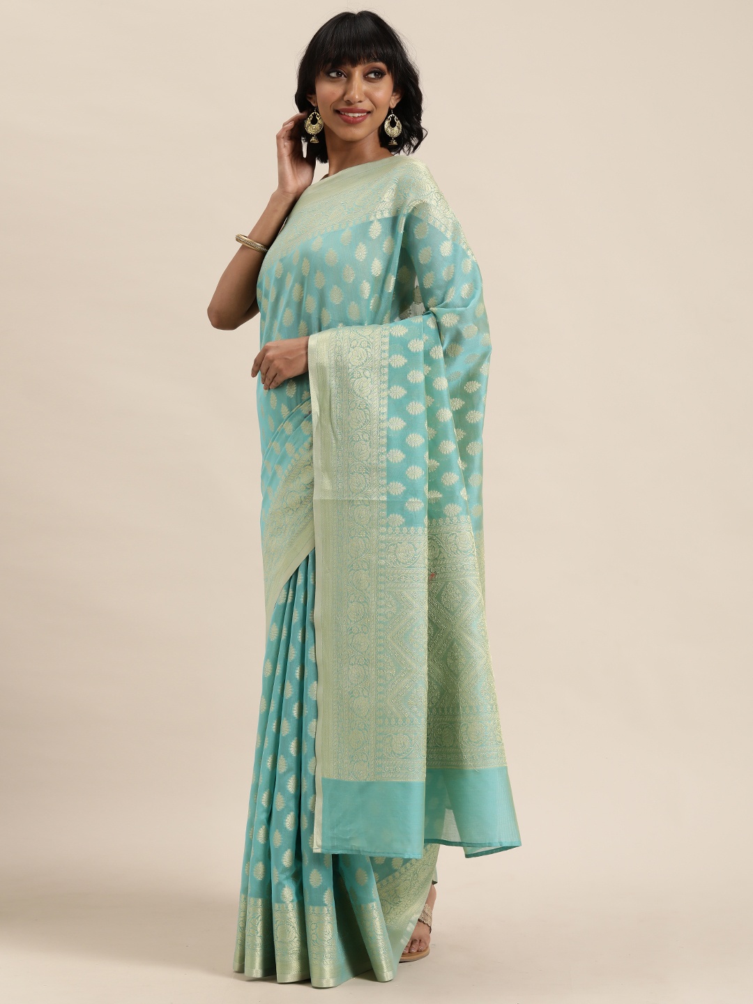 

MOHEY Turquoise Blue & Golden Woven Design Saree