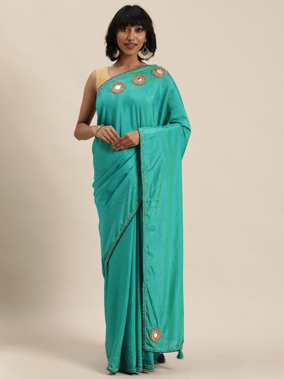 

MOHEY Sea Green Solid Celebrity Saree with Embellished Detail