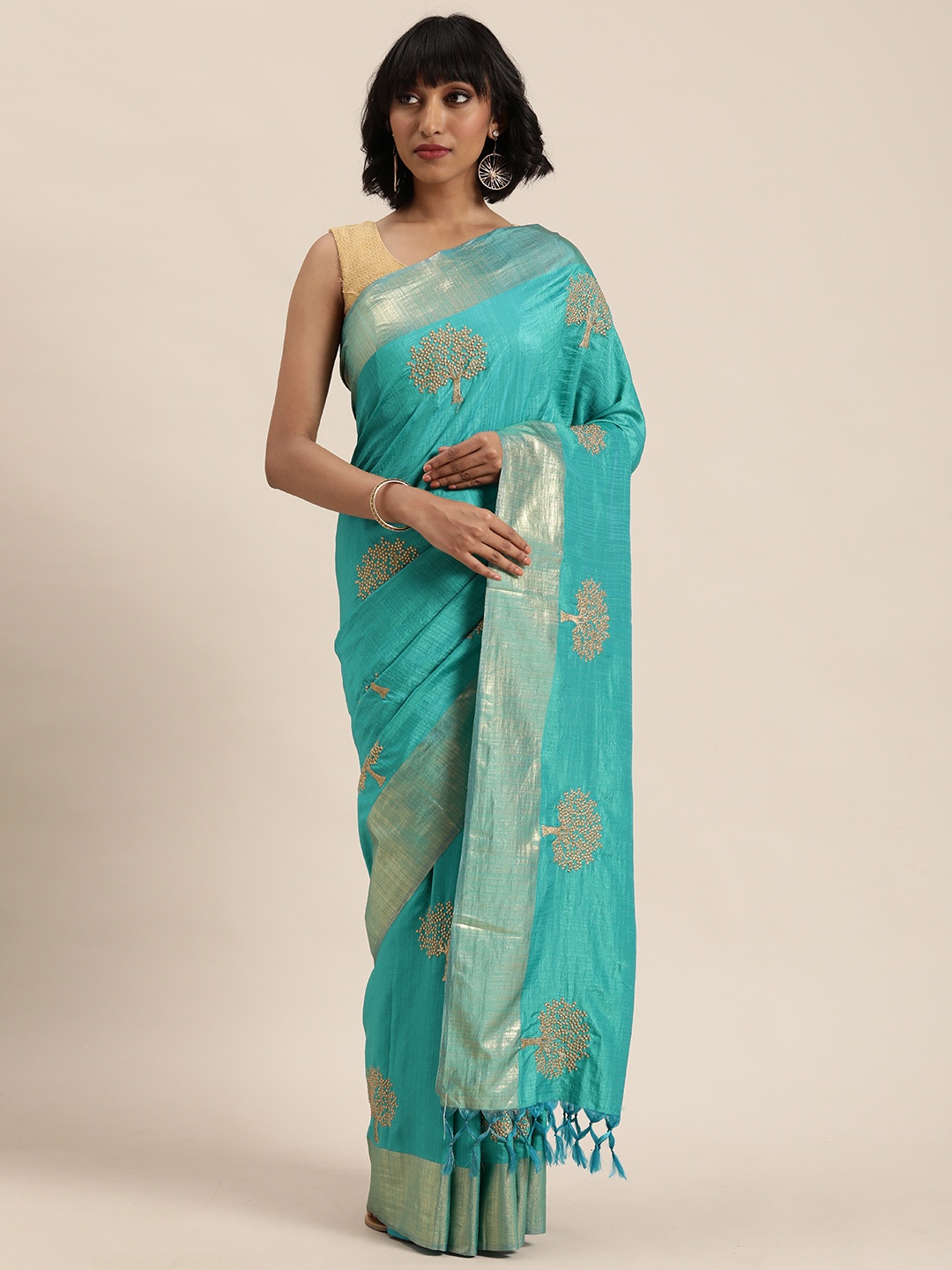 

MOHEY Blue & Gold-Toned Satin Embroidered Saree