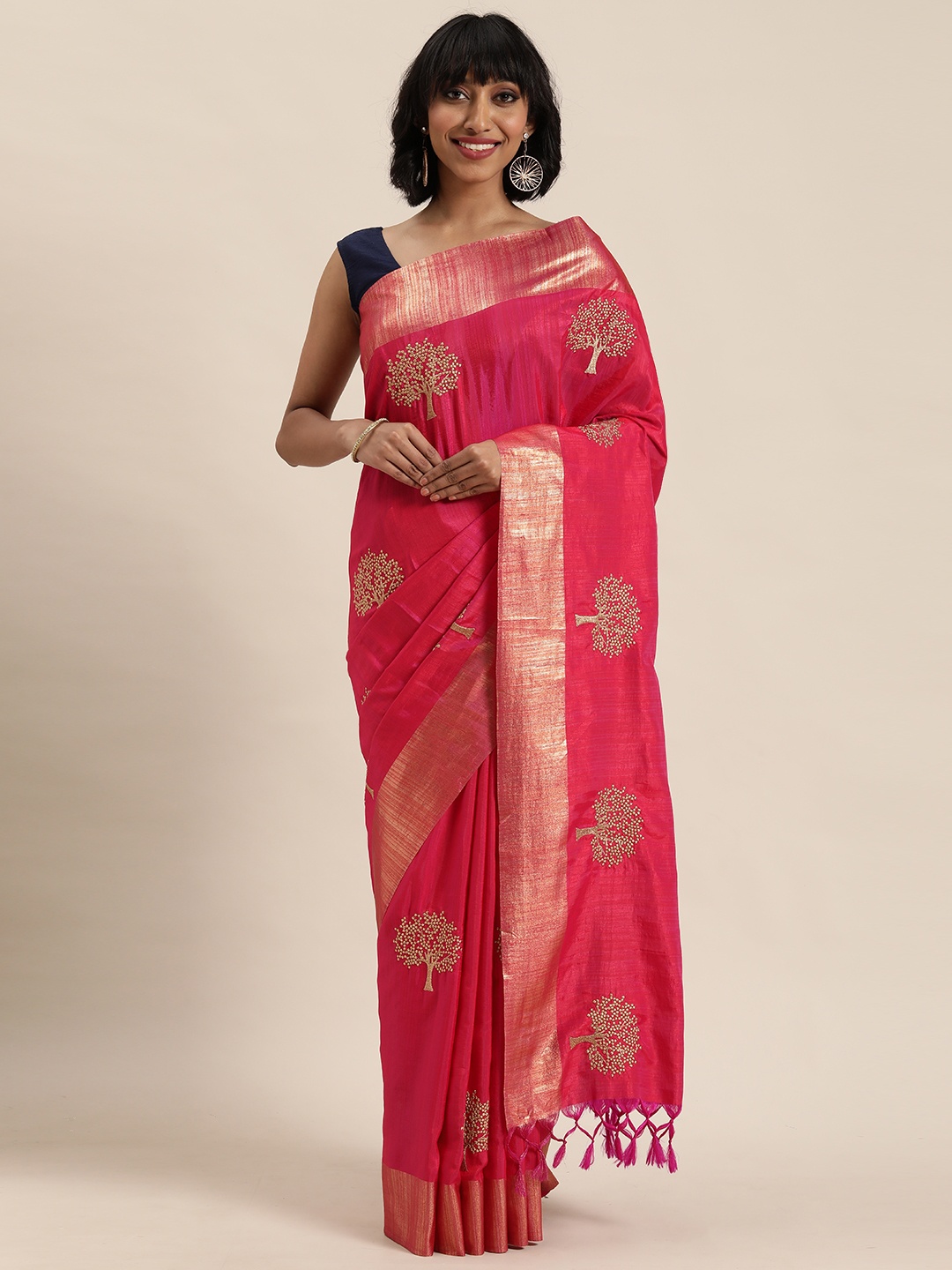 

MOHEY Pink & Gold-Toned Embroidered Saree