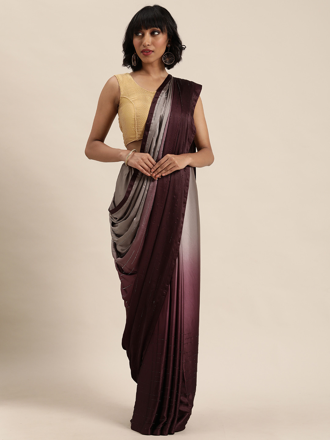 

MOHEY Burgundy & Grey Satin Embellished Saree