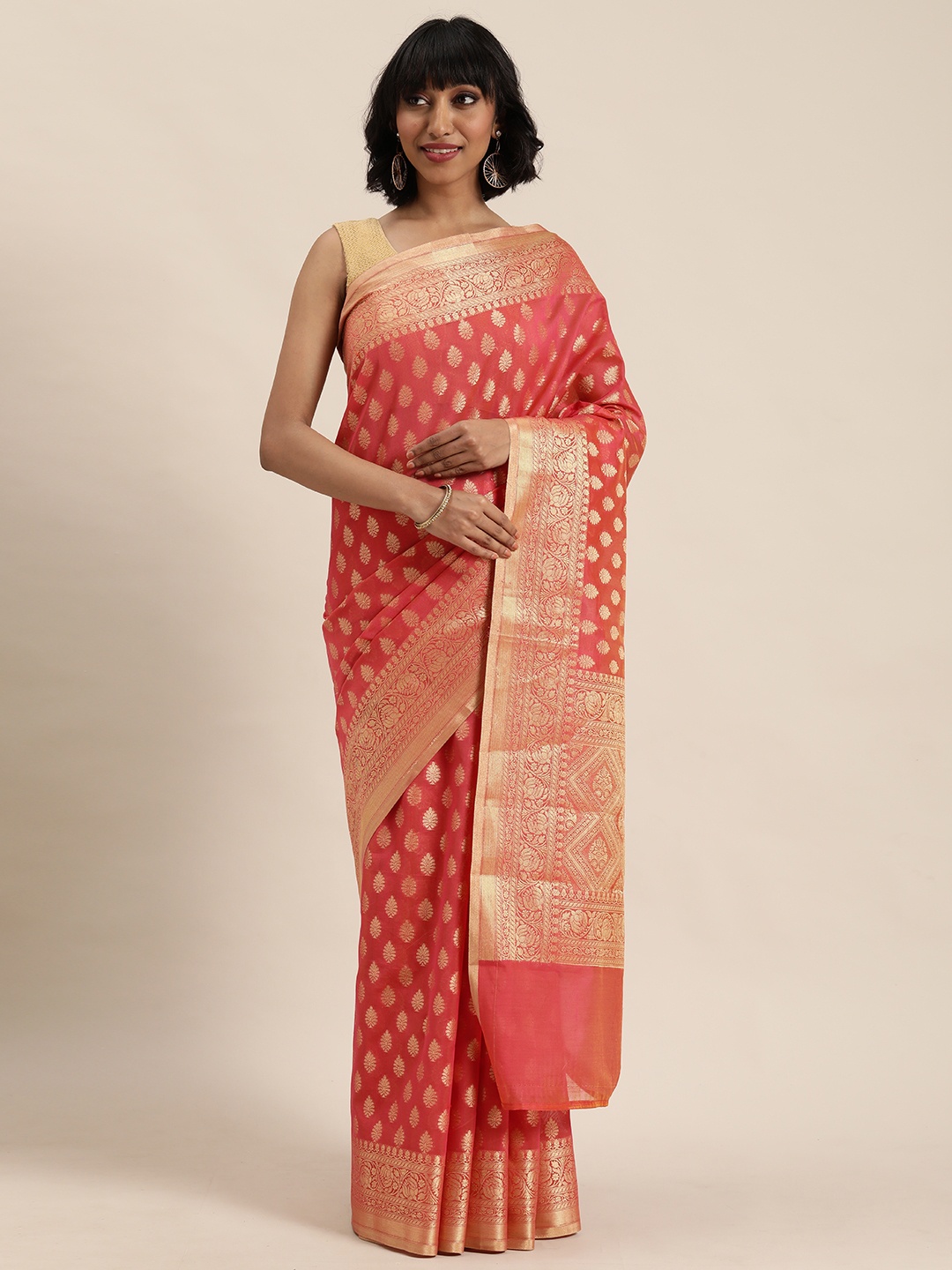 

MOHEY Coral Pink & Gold-Toned Woven Design Saree