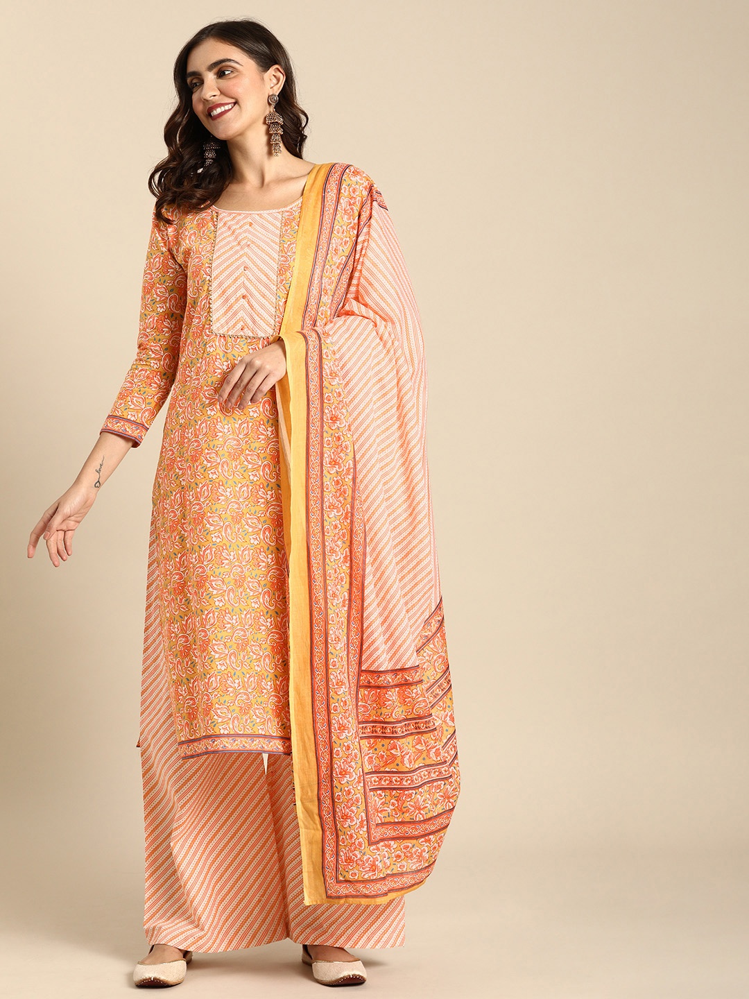 

Rajnandini Mustard & Peach-Coloured Pure Cotton Unstitched Dress Material