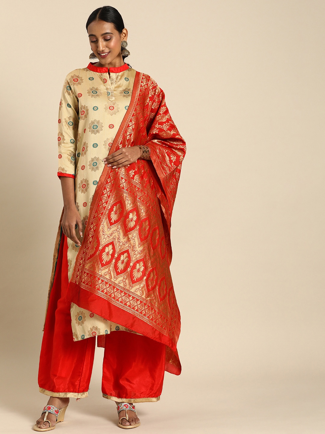 

Rajnandini Beige & Red Unstitched Dress Material
