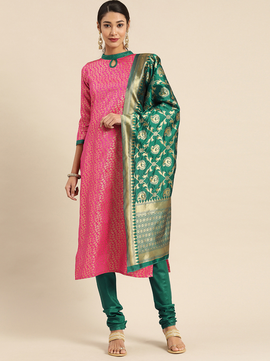

Rajnandini Pink & Green Banarasi Unstitched Dress Material