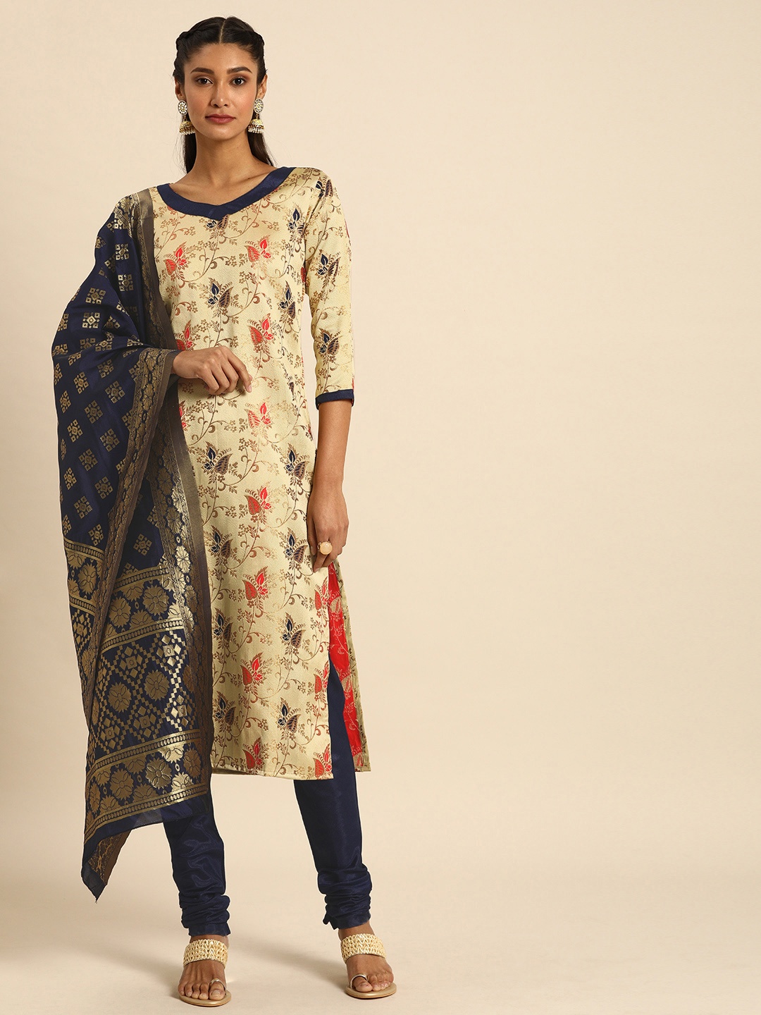 

Rajnandini Beige & Navy Blue Silk Blend Unstitched Dress Material