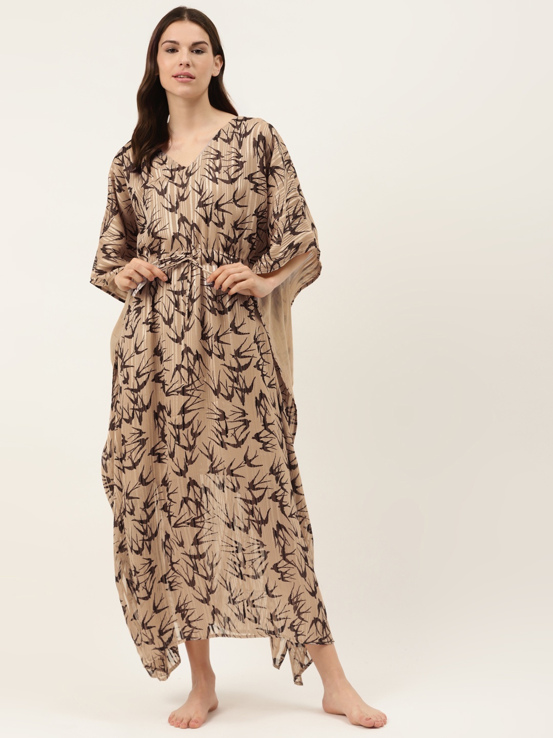 

COTCLO Beige & Burgundy Bird Print Kaftan Nightdress