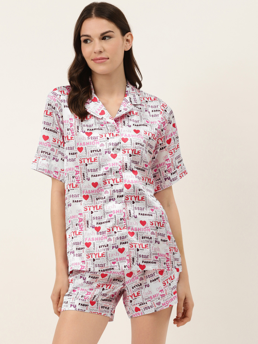 

COTCLO Women White & Pink Satin Printed Night Suit