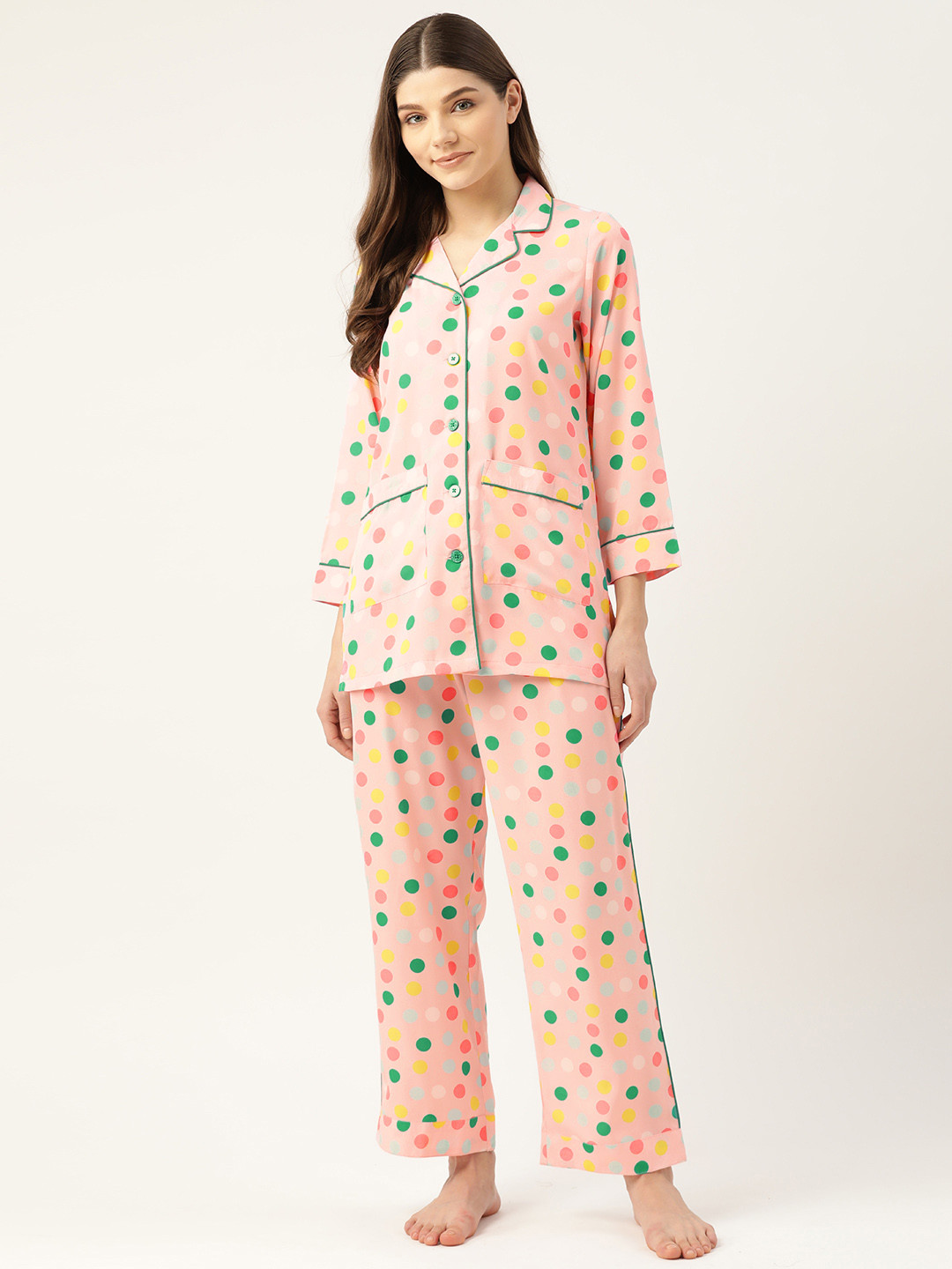 

COTCLO Women Pink & Green Polka Dot Print Night Suit