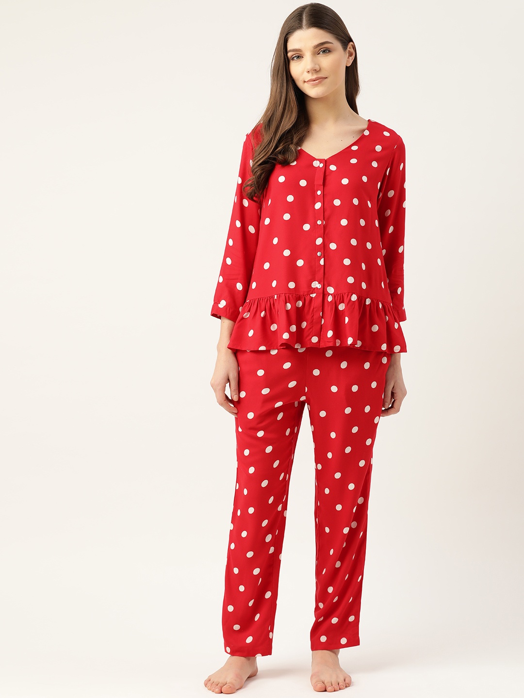 

COTCLO Women Red & White Polka Dot Print Night Suit