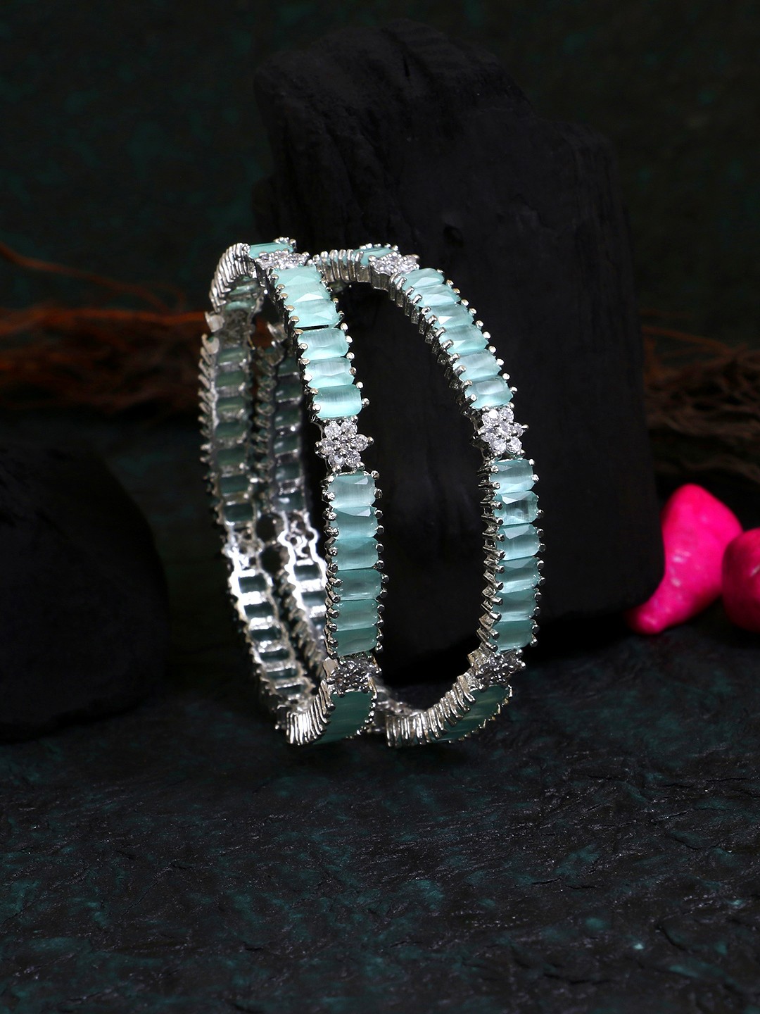 

Adwitiya Collection Set Of 2 24K Silver-Plated & Green CZ Studded Handcrafted Bangles, Rose gold