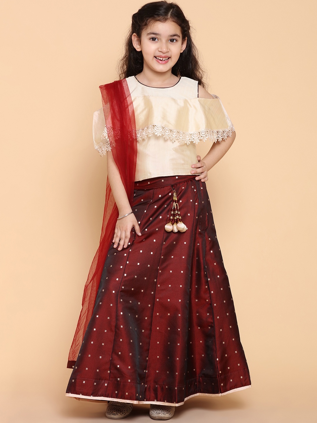 

ADIVA Girls Maroon & Beige Solid Ready to Wear Lehenga & Blouse with Dupatta