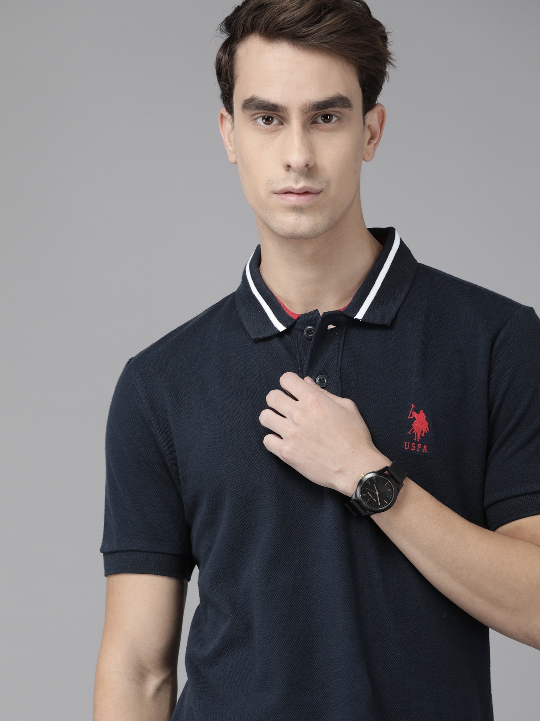 

U.S. Polo Assn. Men Navy Blue Solid Polo Collar T-shirt