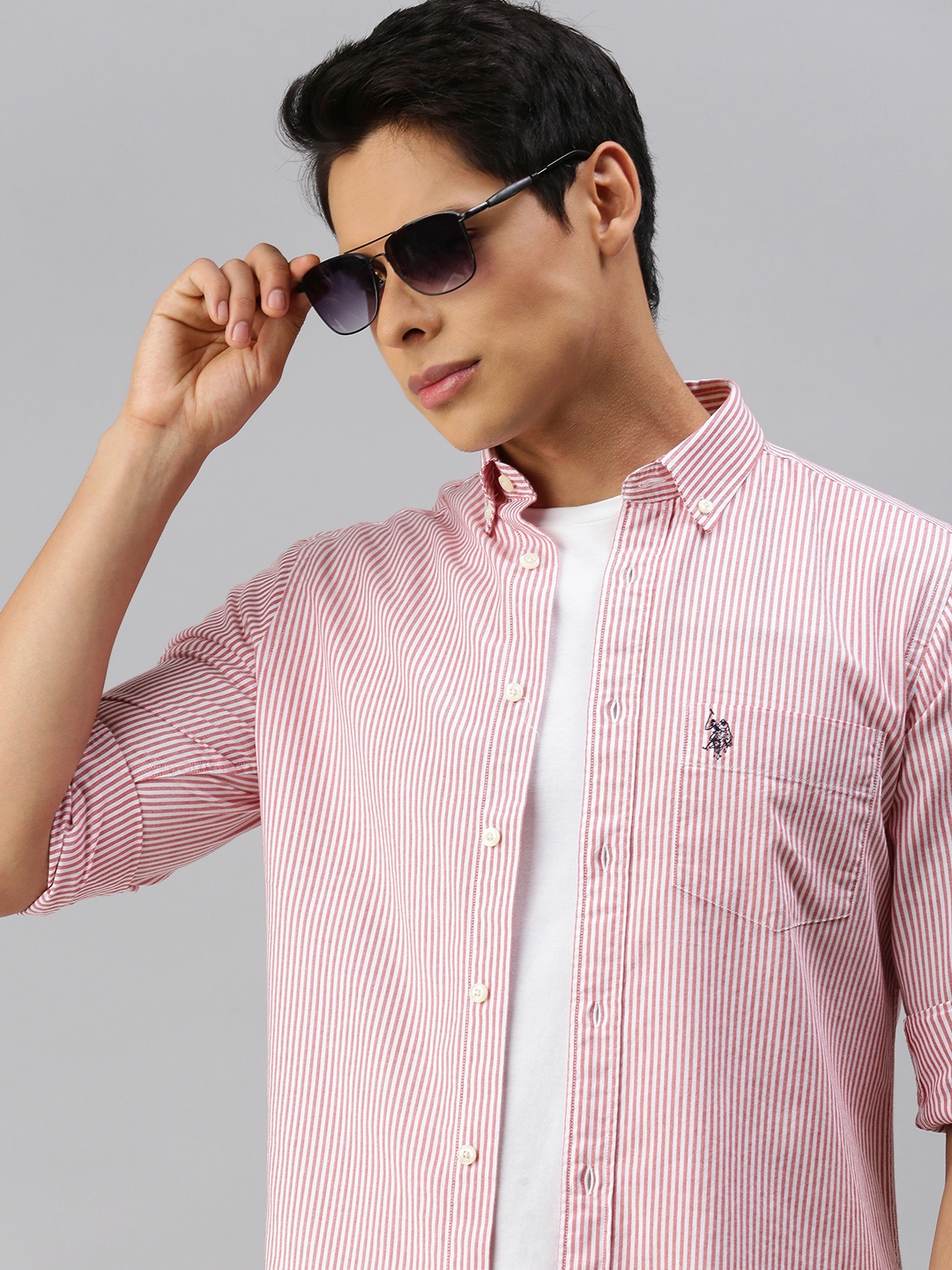 

U S Polo Assn Men Red & White Tailored Fit Striped Casual Shirt