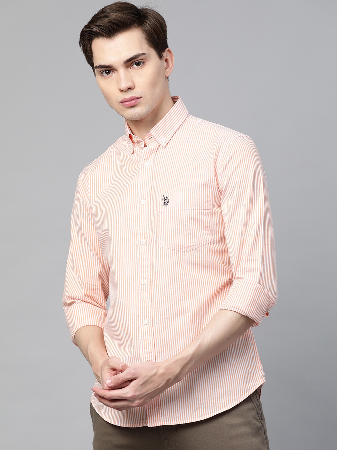 

U.S. Polo Assn. Men Peach-Coloured & White Cotton Tailored Fit Striped Casual Shirt