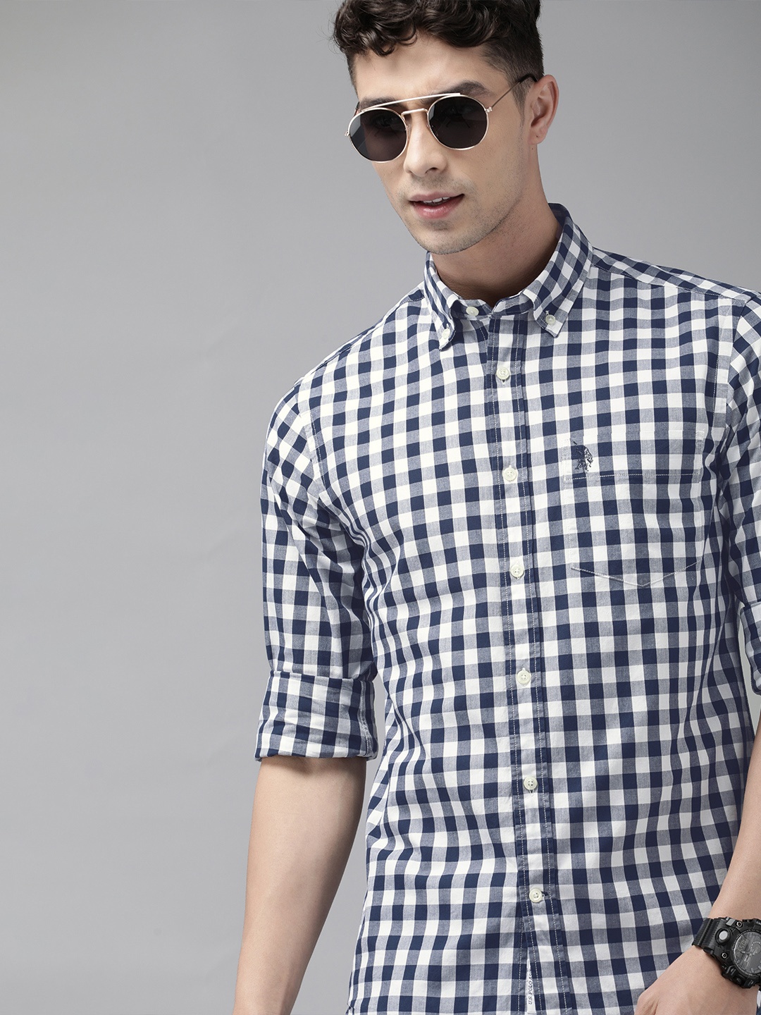 

U.S. Polo Assn. Men Navy Blue & White Tailored Fit Checked Casual Shirt