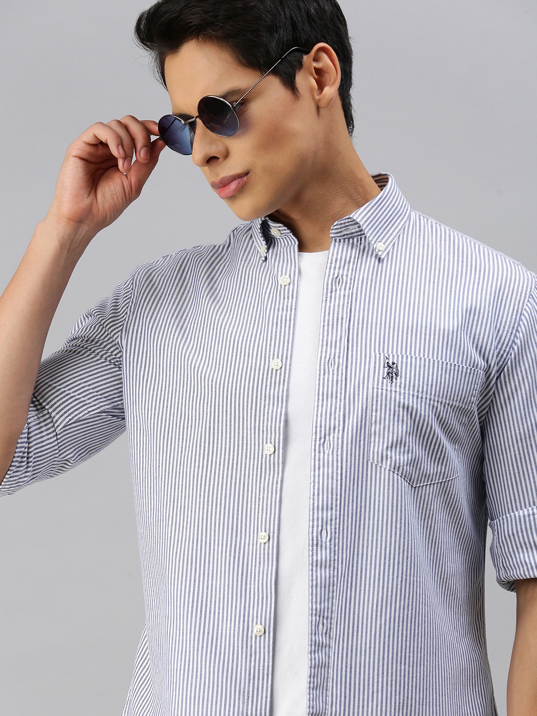 

U S Polo Assn Men Blue & White Tailored Fit Striped Casual Shirt