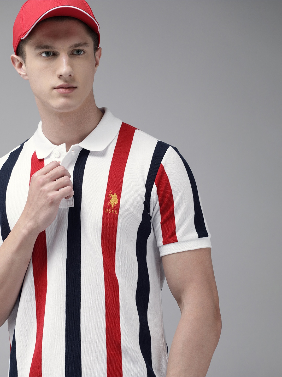 

U.S. Polo Assn. Men White & Red Striped Polo Collar T-shirt