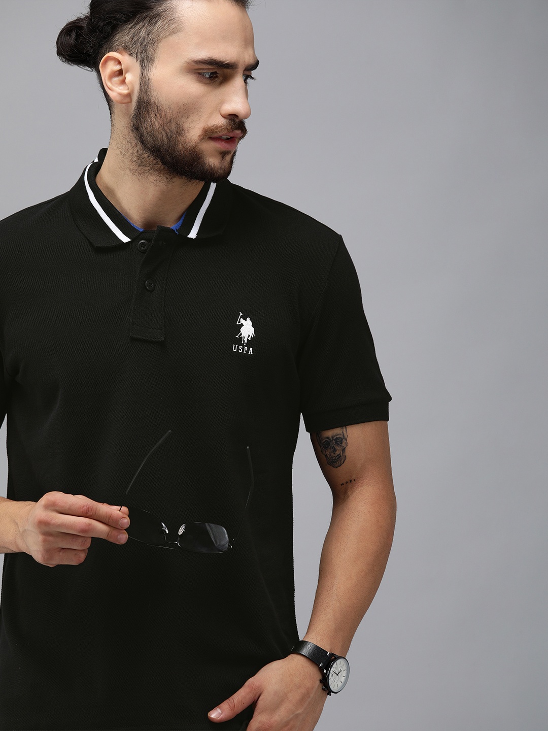 

U.S. Polo Assn. Men Black Slim Fit Solid Polo Collar Pure Cotton T-shirt with Tipping Detail