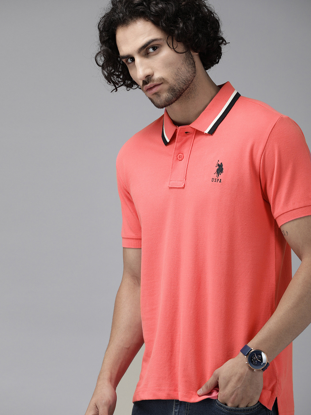 

U.S. Polo Assn. Men Pink Pure Cotton Solid Polo Collar Pure Cotton T-shirt