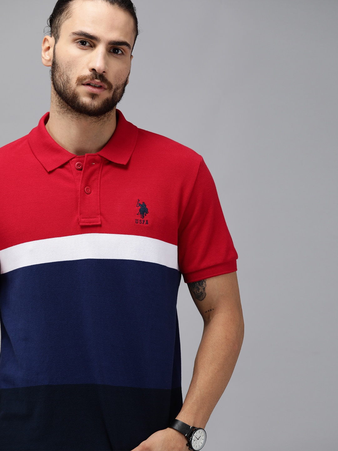 

U.S. Polo Assn. Men Red Navy Blue Slim Fit Colourblocked Polo Collar Pure Cotton T-shirt