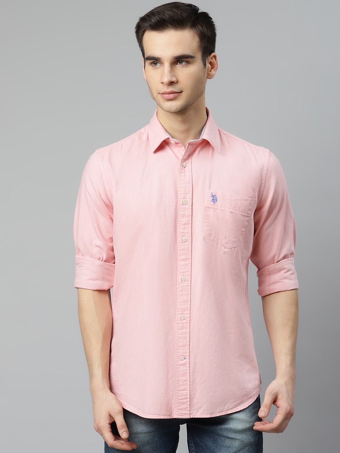 

U.S. Polo Assn. Men Pink Tailored Fit Pure Cotton Solid Casual Shirt