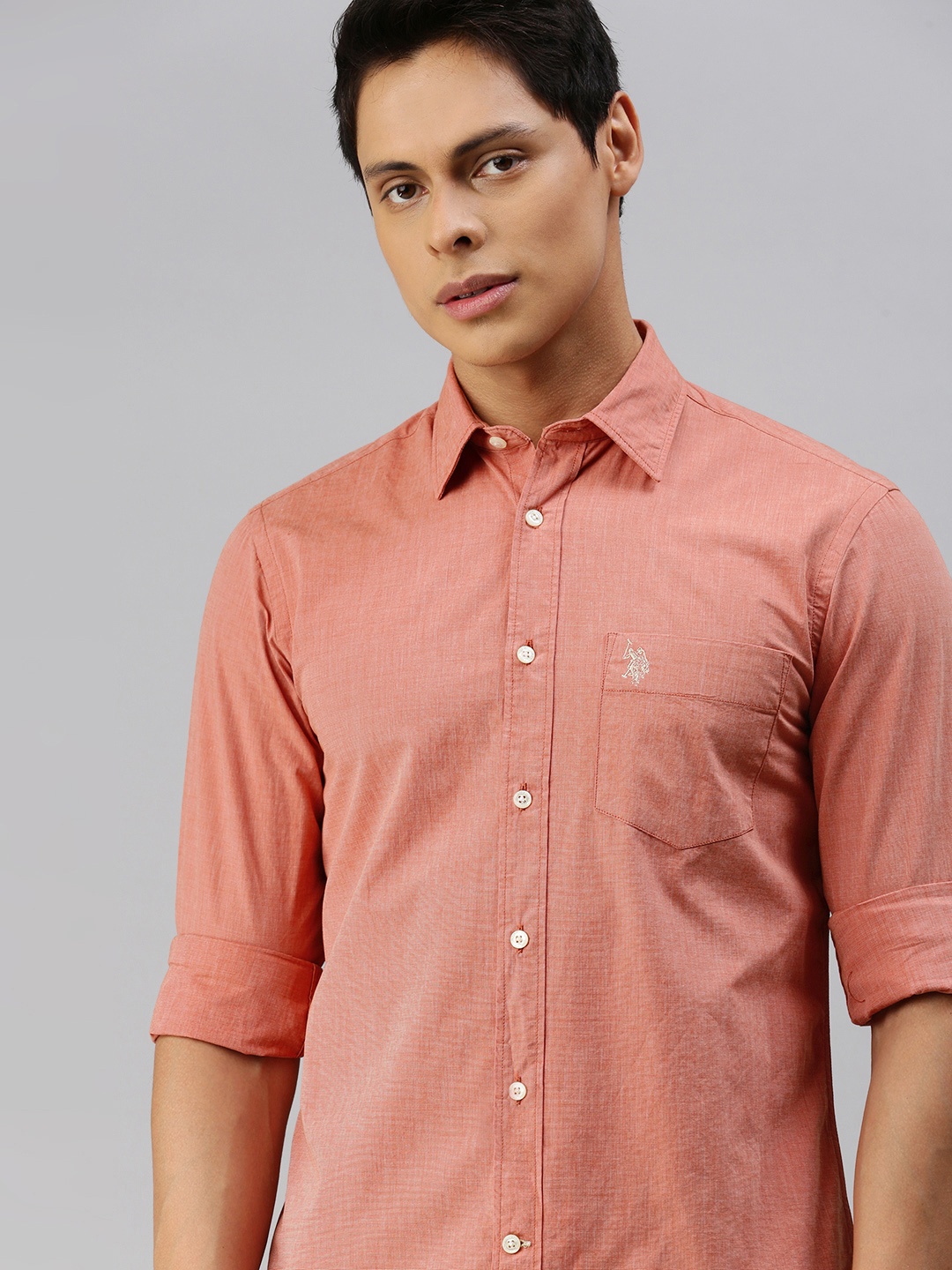 

U S Polo Assn Men Coral Orange Tailored Fit Casual Shirt