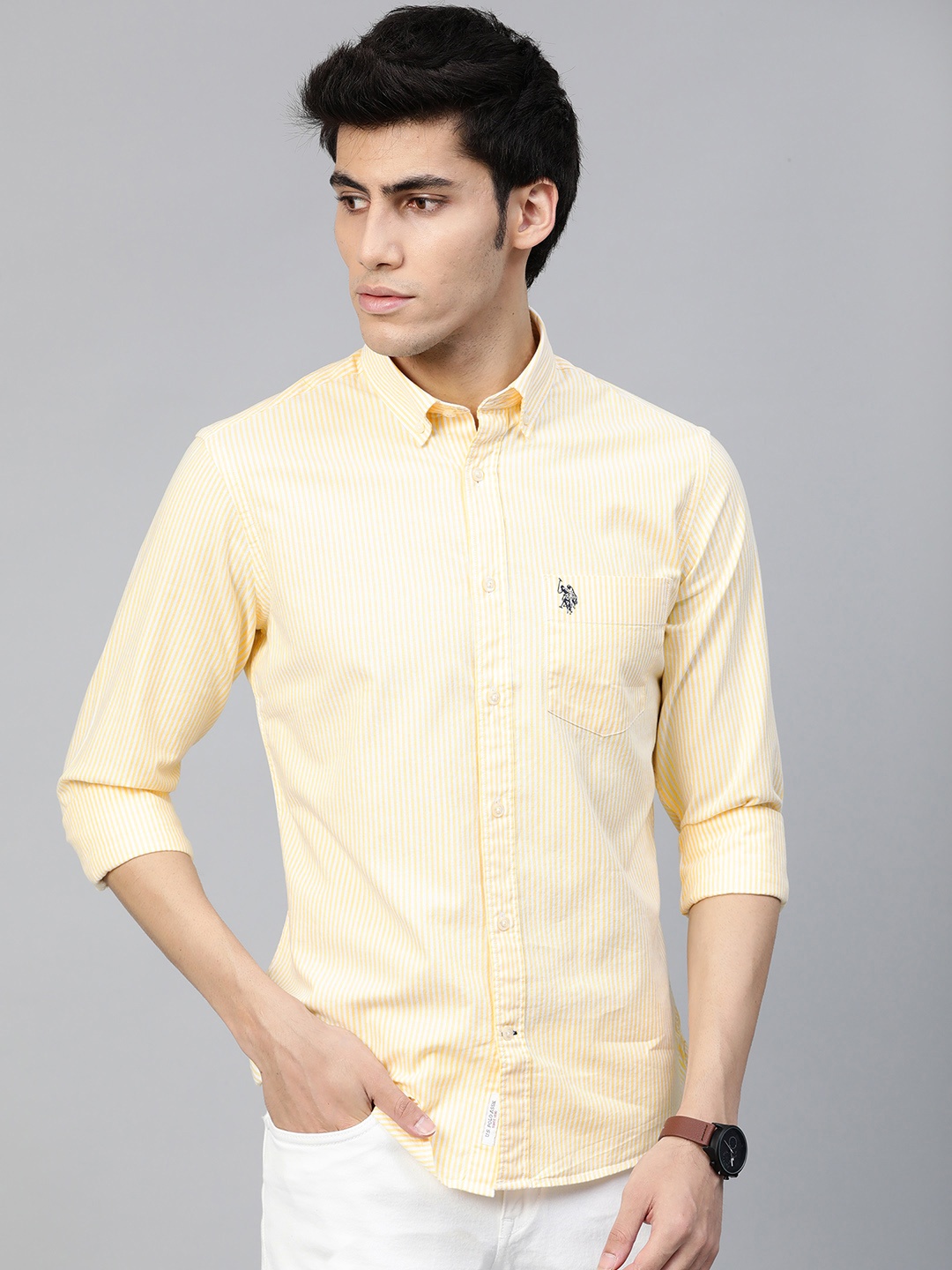 

U S Polo Assn Men Yellow & White Striped Tailored Fit Casual Shirt