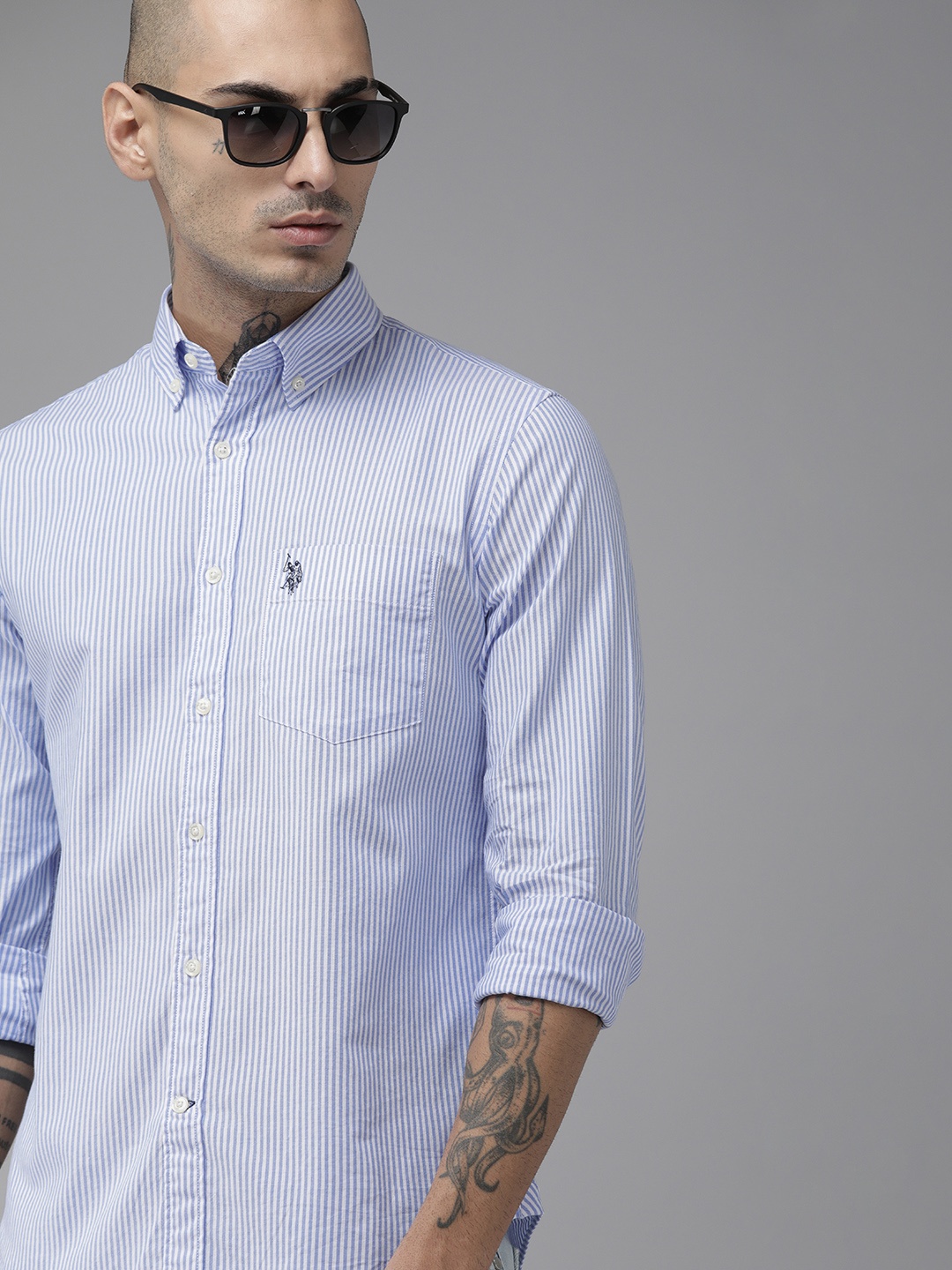 

U S Polo Assn Men Blue Tailored Fit Striped Casual Shirt