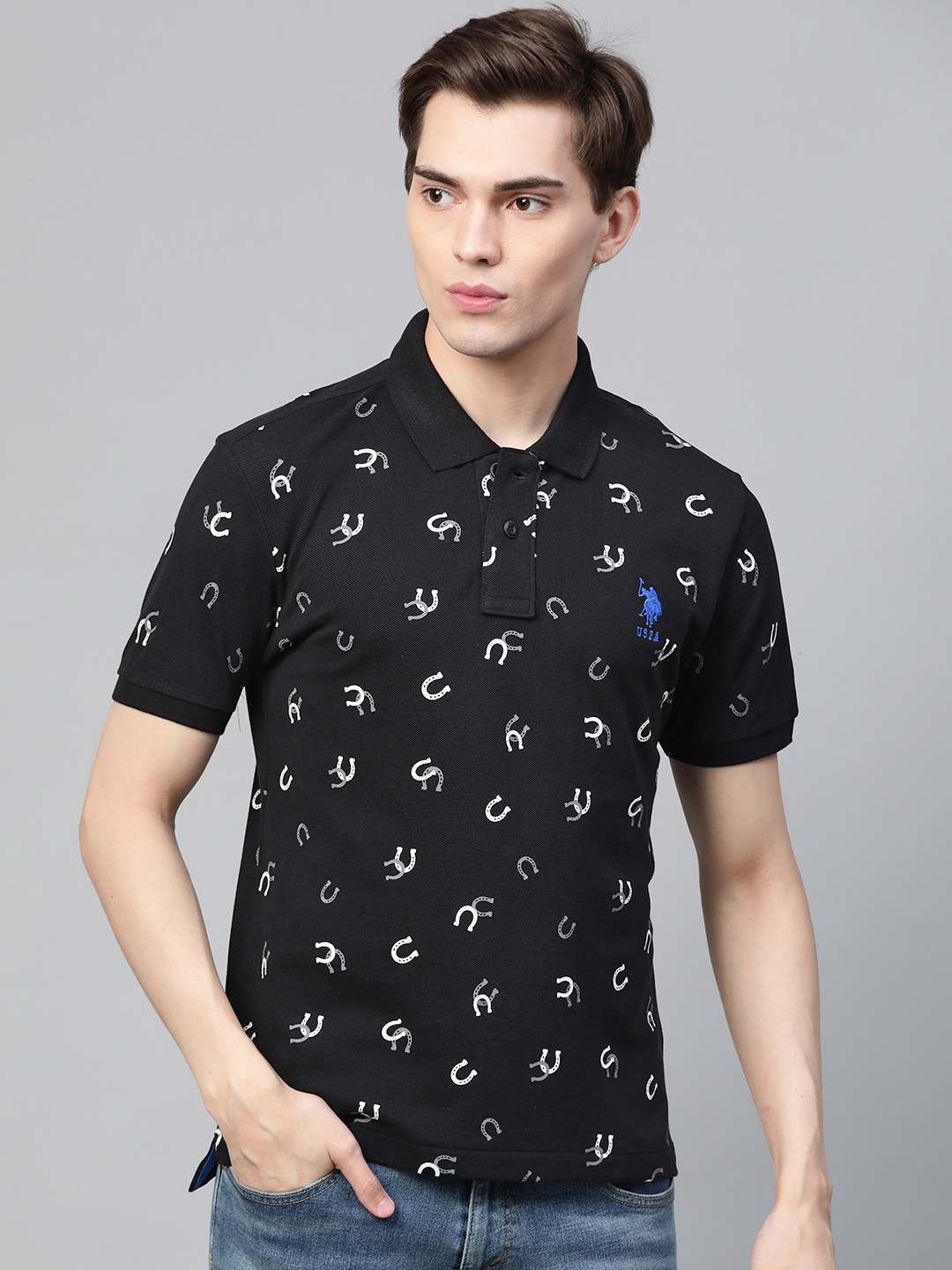 

U S Polo Assn Men Black & White Printed Pure Cotton Monochrome T-shirt
