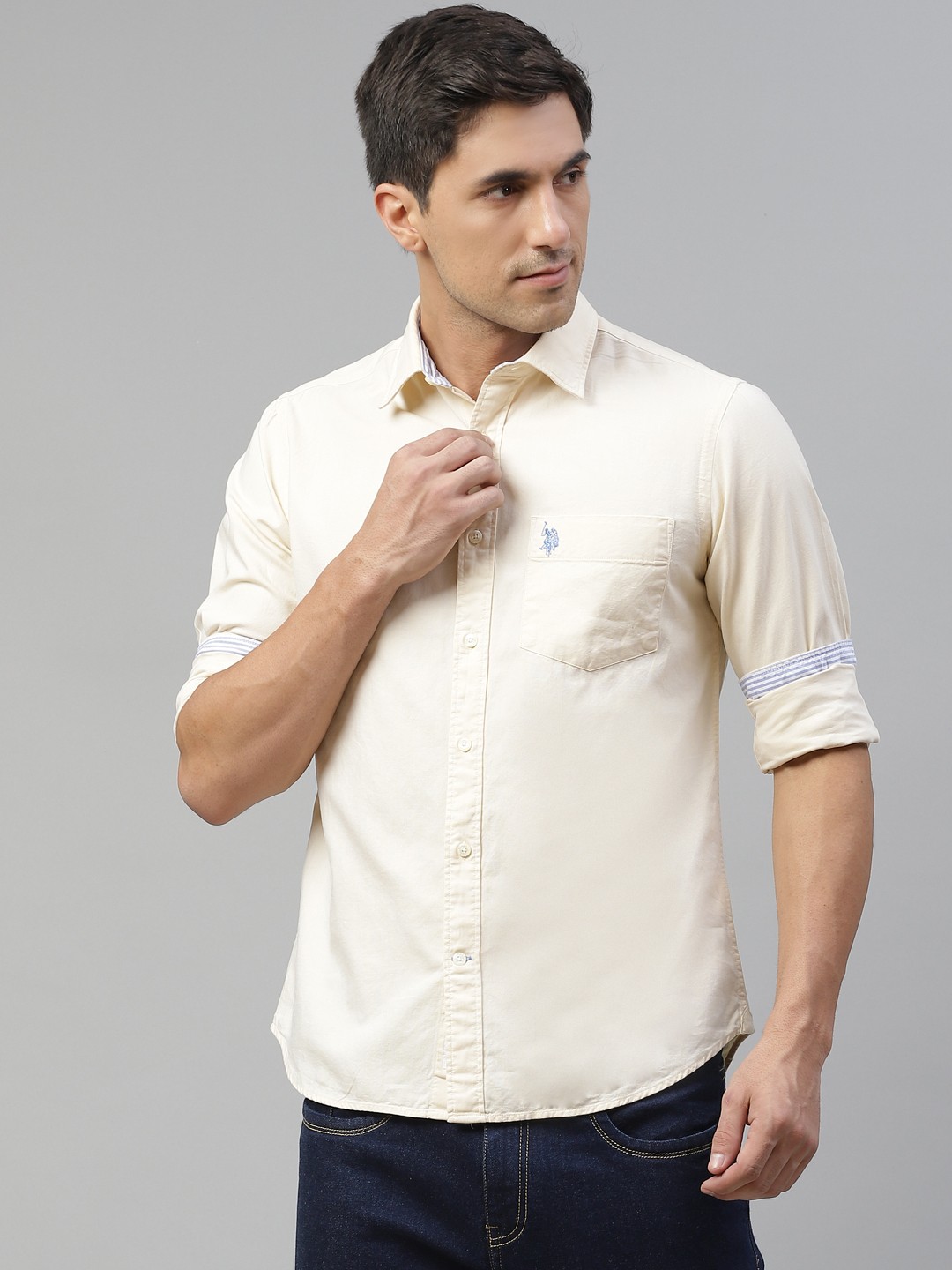 

U. S. Polo Assn. Men Cream-Colored Tailored Fit Pure Cotton Casual Shirt