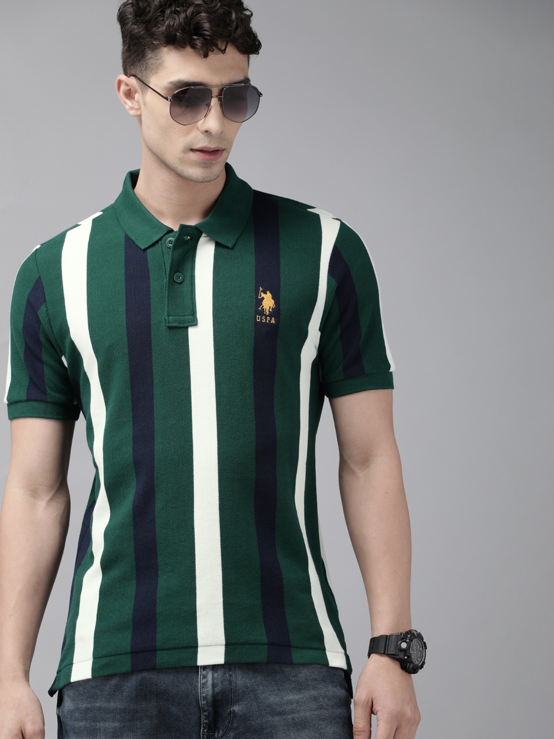 

U.S. Polo Assn. Men Teal Green Navy Blue Striped Round Neck Pure Cotton T-shirt