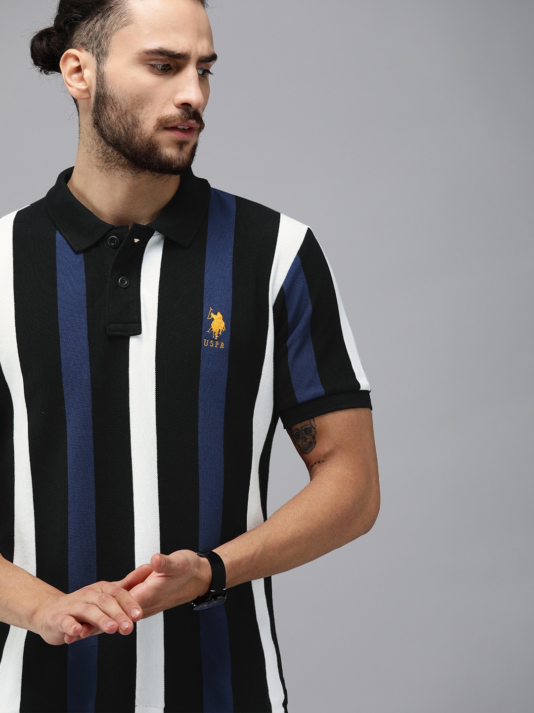 

U.S. Polo Assn. Men Black Navy Blue Slim Fit Striped Polo Collar Pure Cotton T-shirt