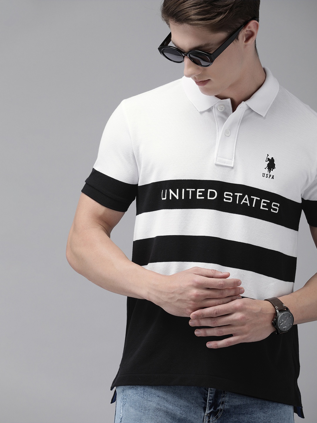 

U.S. Polo Assn. Men White Black Colourblocked Polo Collar Pure Cotton T-shirt