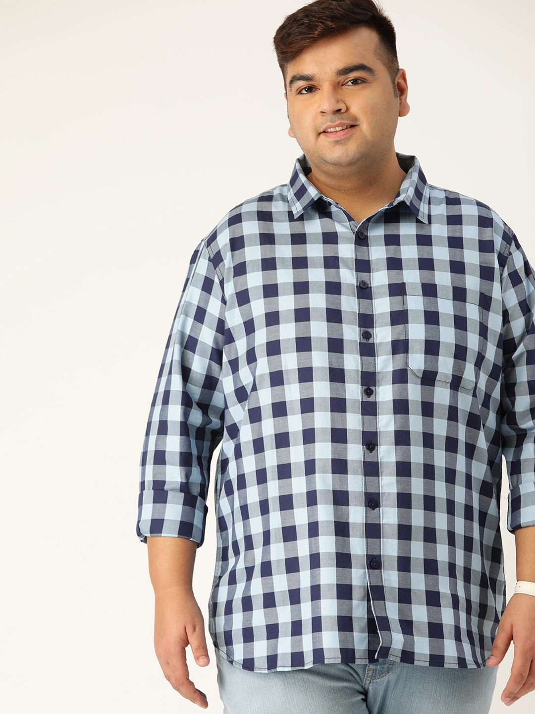 

Sztori Men Plus Size Blue Checked Pure Cotton Regular Fit Casual Shirt