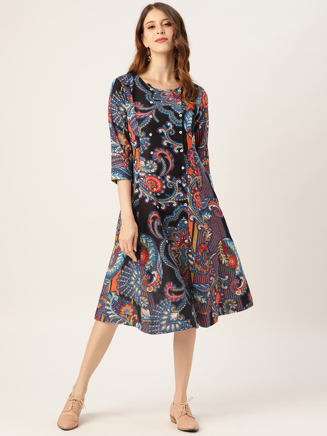 

Sangria Women Black & Blue Ethnic Motifs Pure Cotton A-Line Midi Dress